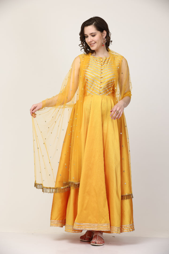 Mustard  Art Silk Anarkali pant set  (Customization available)