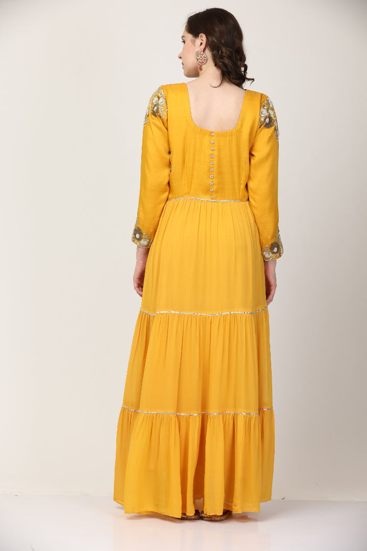 Mustard Art Silk and Georgette Anarkali pant sett (Customization available)