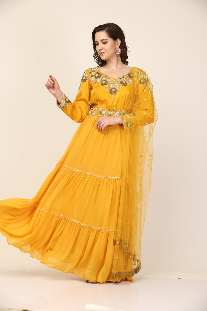 Mustard Art Silk and Georgette Anarkali pant sett (Customization available)