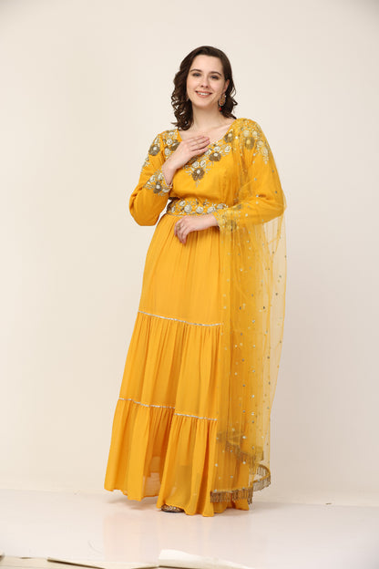 Mustard Art Silk and Georgette Anarkali pant sett (Customization available)