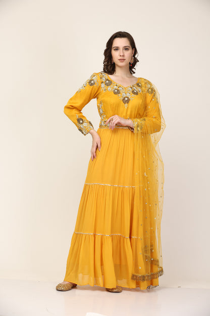 Mustard Art Silk and Georgette Anarkali pant sett (Customization available)