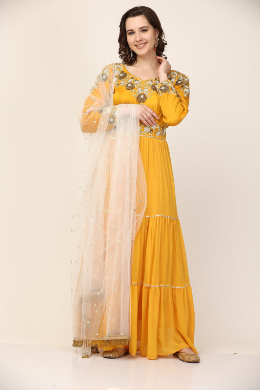 Mustard  Art Silk and Georgette Anarkali pant set  (Customization available)