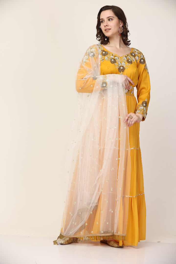 Mustard  Art Silk and Georgette Anarkali pant set  (Customization available)