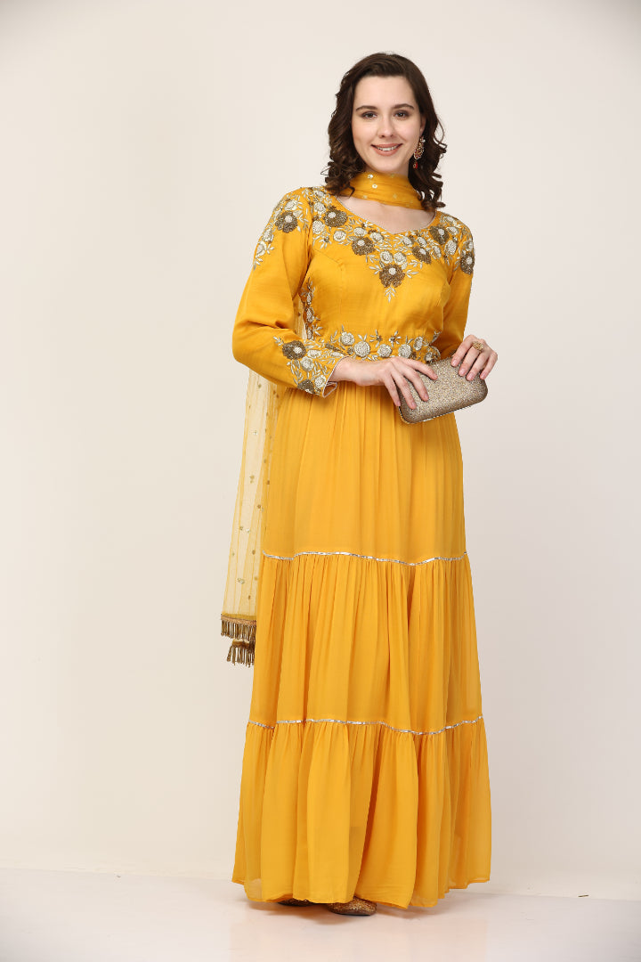 Mustard Art Silk and Georgette Anarkali pant sett (Customization available)