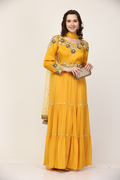 Mustard Art Silk and Georgette Anarkali pant sett (Customization available)