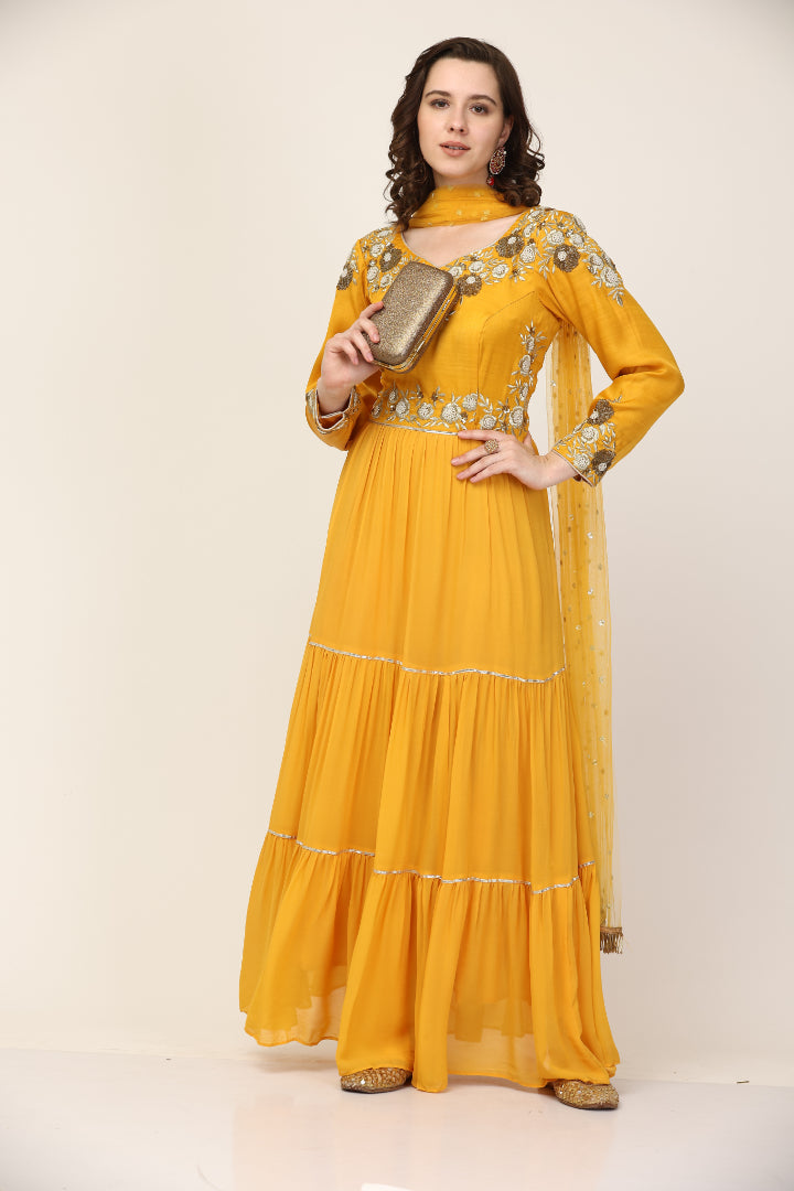 Mustard Art Silk and Georgette Anarkali pant sett (Customization available)