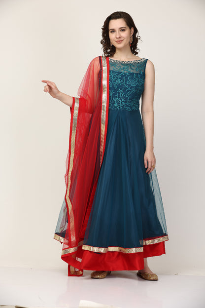 Blue Net Resham Embroidery Anarkal pant set (Customization available)