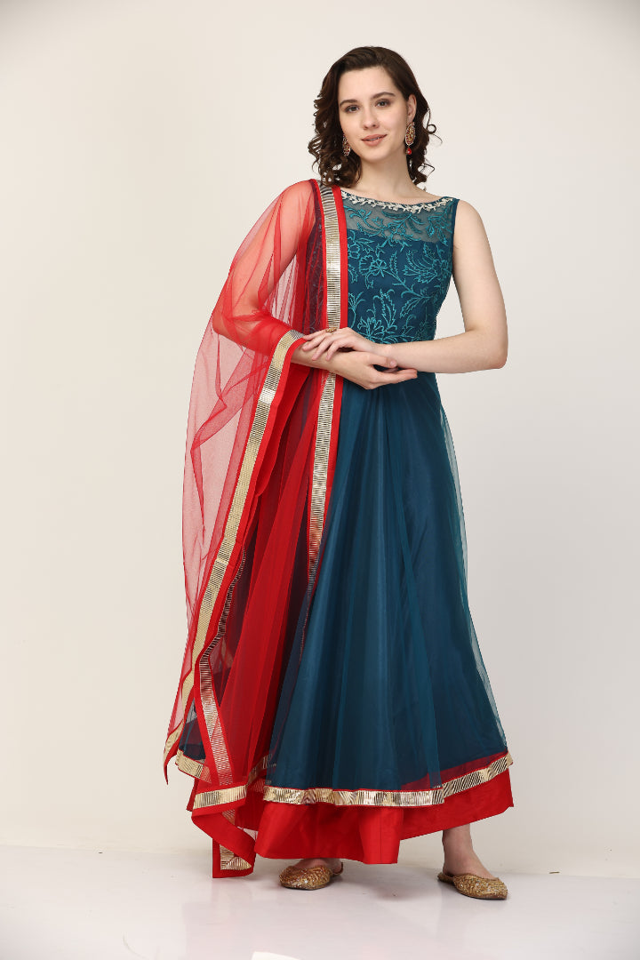 Blue Net Resham Embroidery Anarkal pant set (Customization available)