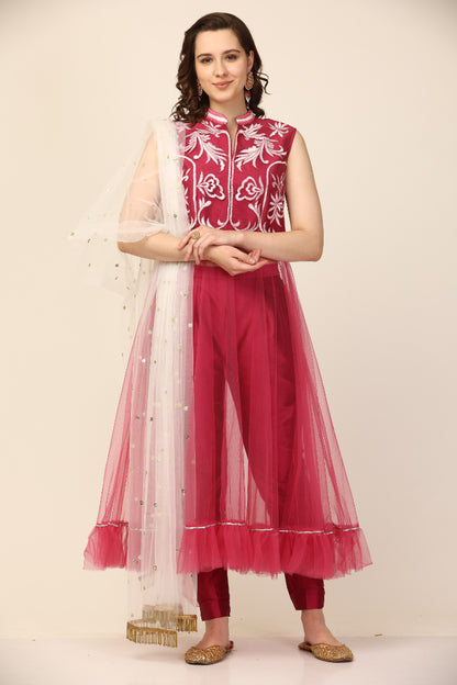 Pink Net and Art Silk Resham Embroidery Anarkal pant set (Customization available)