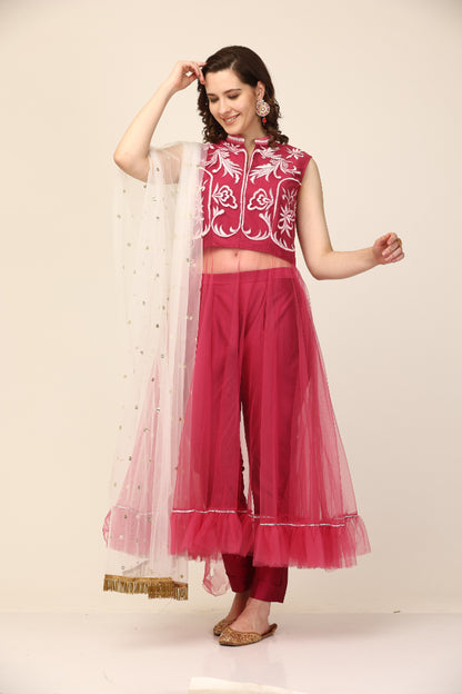 Pink Net and Art Silk Resham Embroidery Anarkal pant set (Customization available)