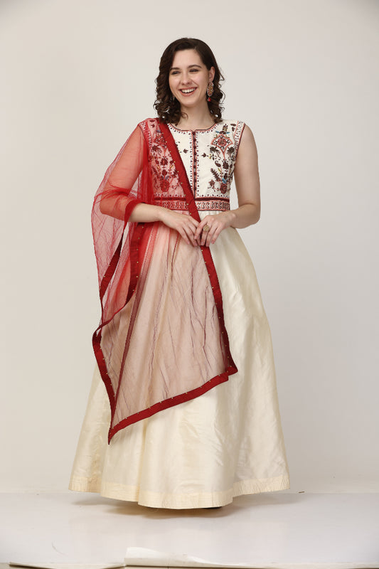 Cream Embroidered Art silk Anarkali set (Customization available)