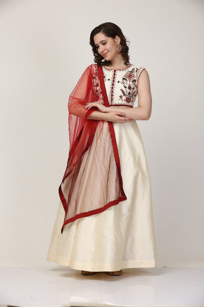 Cream Embroidered Art silk Anarkali set (Customization available)