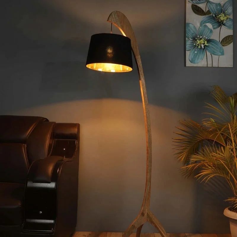 Black Iron & Cloth Shade Floor Lamp with Natural Base