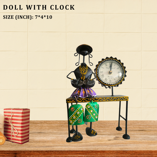 Handcrafted Metal Doll with Clock - Table Decor