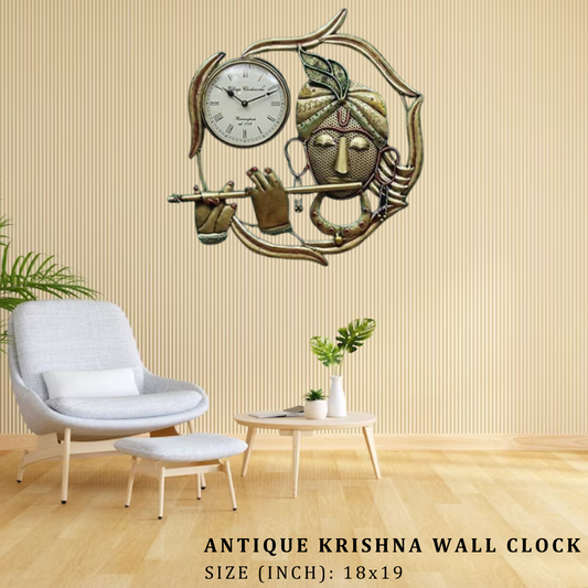 Antique Krishna Wall Clock - 18x19 Inch Metal Art