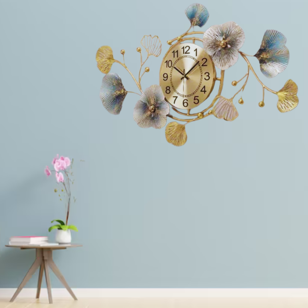 Metal Wall Decor: Clock with Flower Wall Art