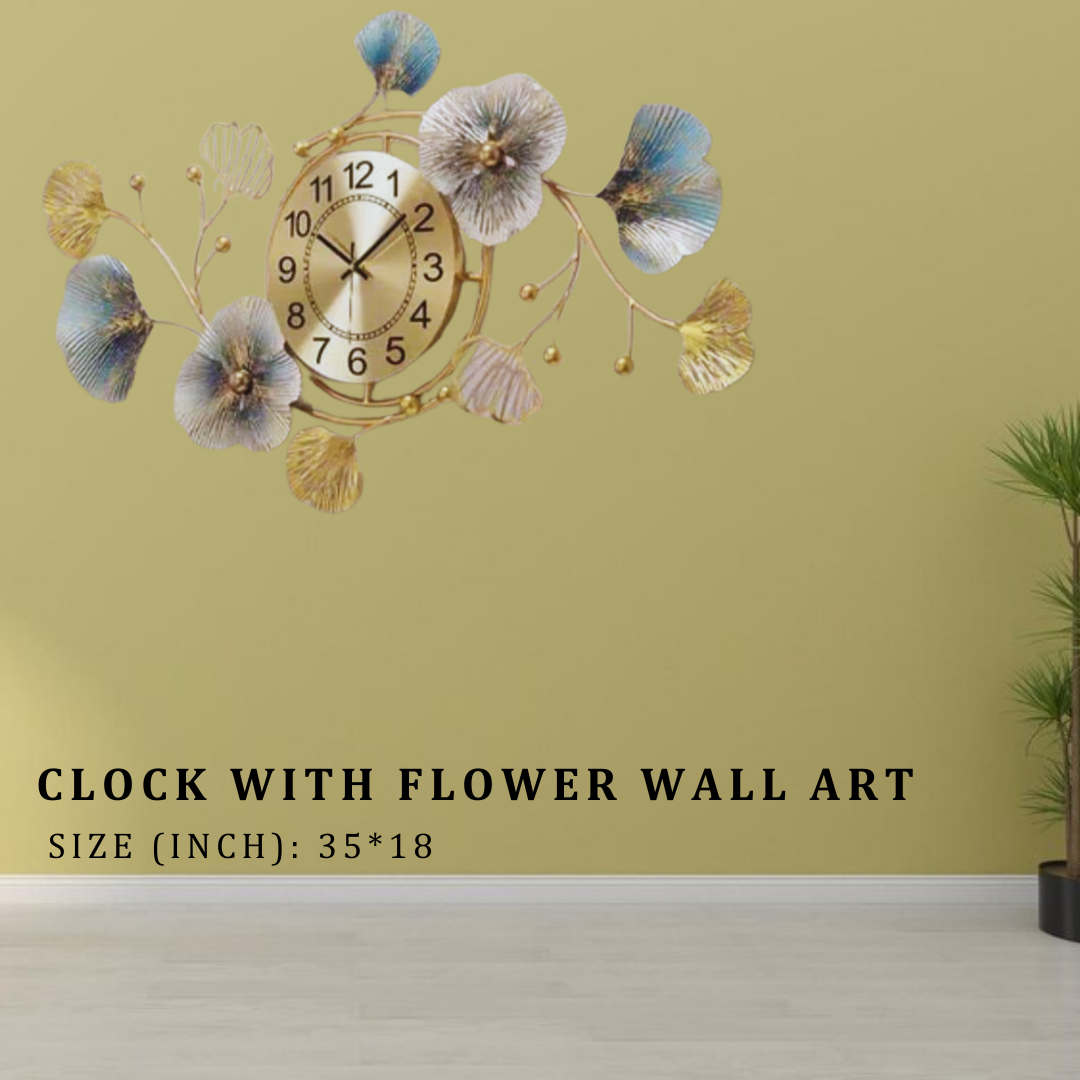 Metal Wall Decor: Clock with Flower Wall Art