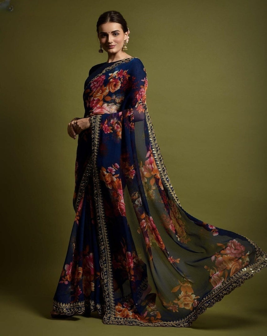 Stunning Georgette Saree with Embellished Sequins & Floral Print