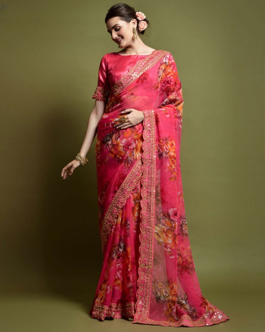 Stunning Georgette Saree with Embellished Sequins & Floral Print