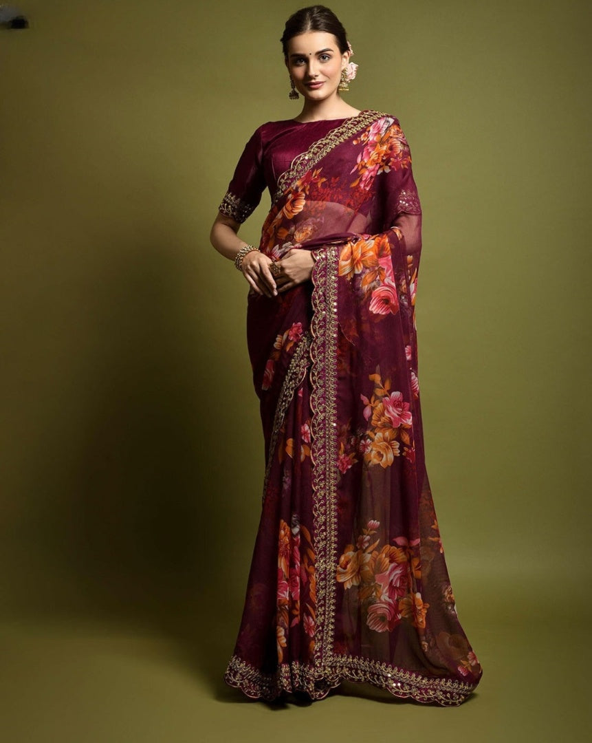 Stunning Georgette Saree with Embellished Sequins & Floral Print