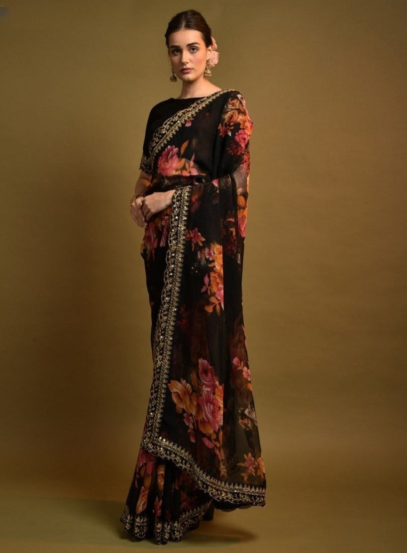 Stunning Georgette Saree with Embellished Sequins & Floral Print