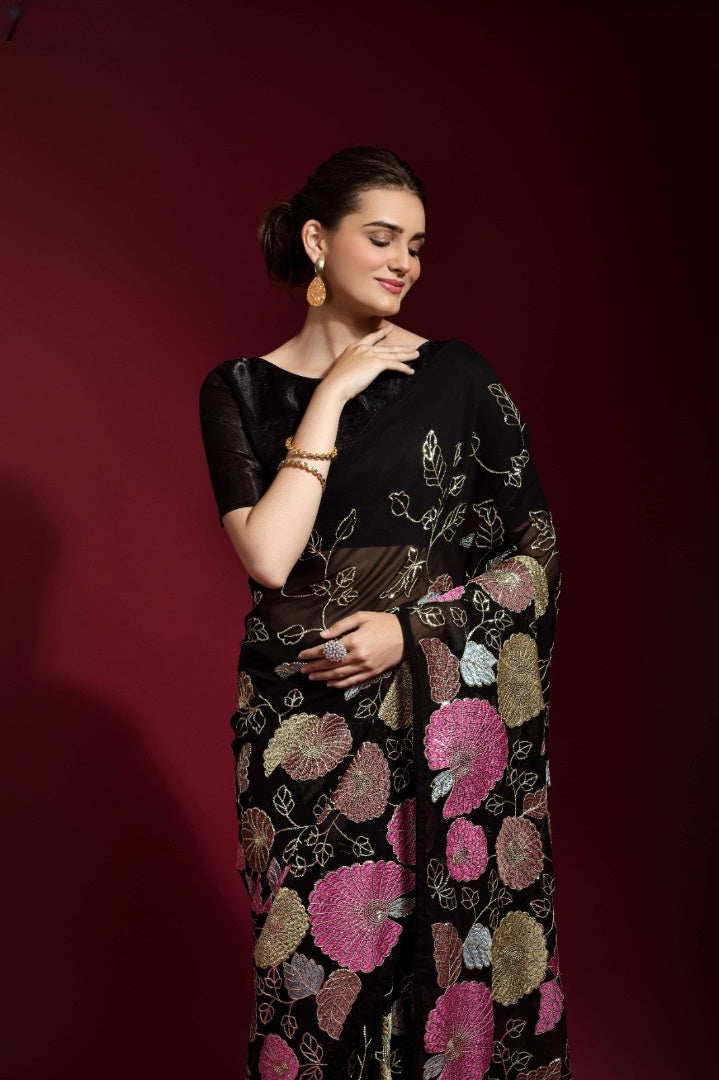 Elegant Georgette Saree with Sequins Embroidery Work - 5.5 Meters