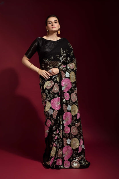 Elegant Georgette Saree with Sequins Embroidery Work - 5.5 Meters