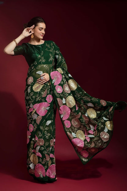 Elegant Georgette Saree with Sequins Embroidery Work - 5.5 Meters