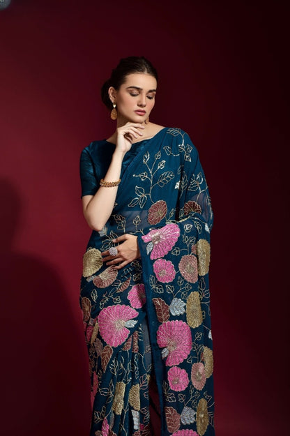 Elegant Georgette Saree with Sequins Embroidery Work - 5.5 Meters