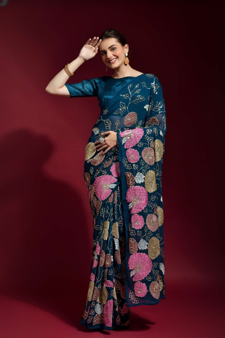 Elegant Georgette Saree with Sequins Embroidery Work - 5.5 Meters