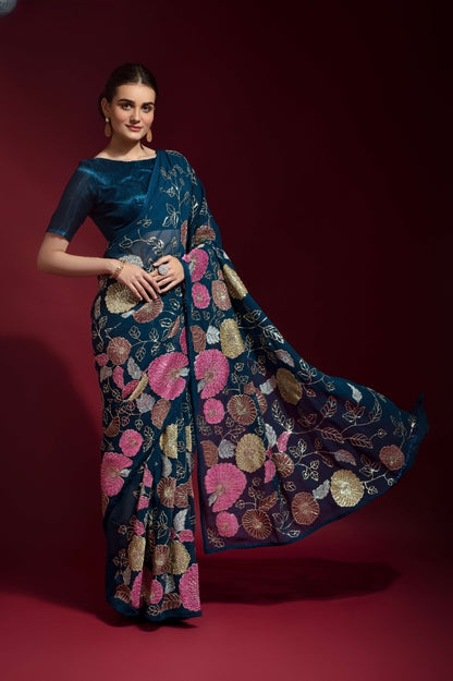 Elegant Georgette Saree with Sequins Embroidery Work - 5.5 Meters