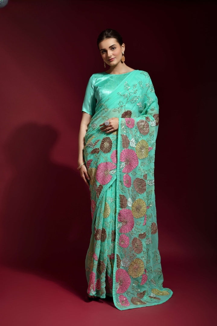 Elegant Georgette Saree with Sequins Embroidery Work - 5.5 Meters