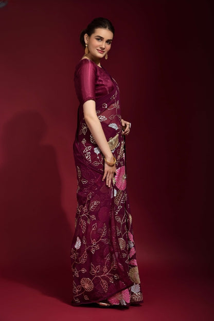 Elegant Georgette Saree with Sequins Embroidery Work - 5.5 Meters