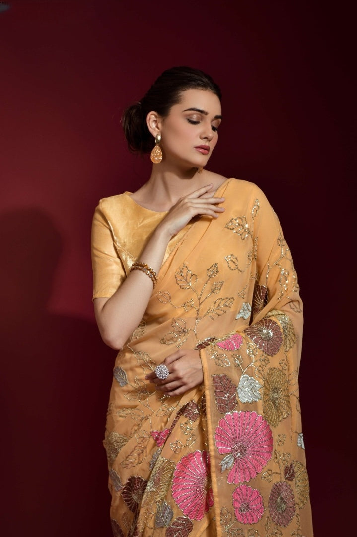 Elegant Georgette Saree with Sequins Embroidery Work - 5.5 Meters