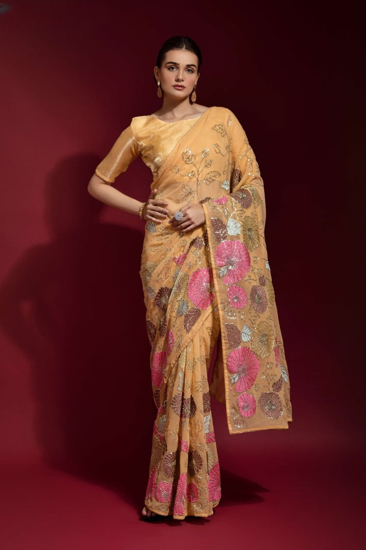 Elegant Georgette Saree with Sequins Embroidery Work - 5.5 Meters