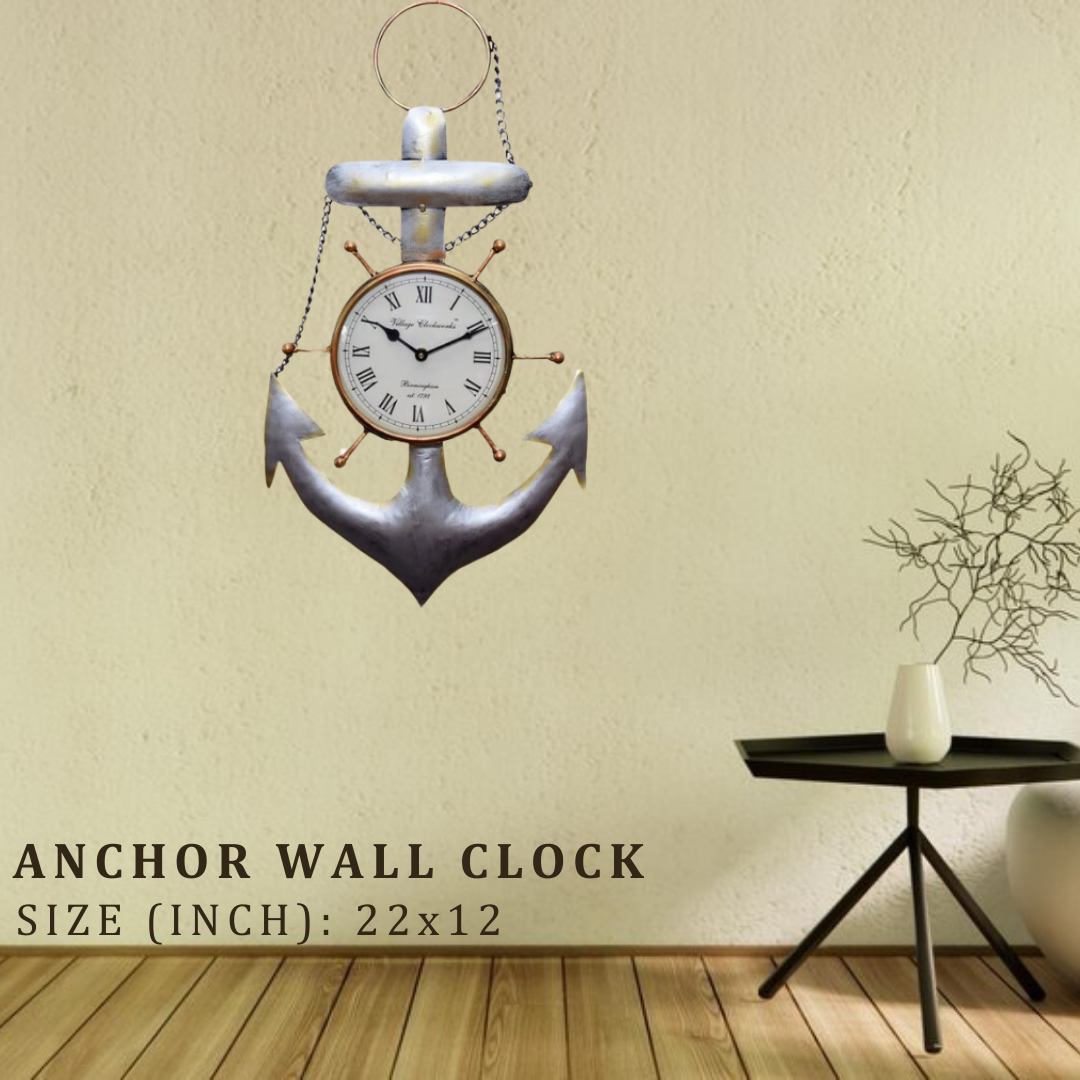 Anchor Wall Clock - 22x12 Inch Metal Nautical Decor