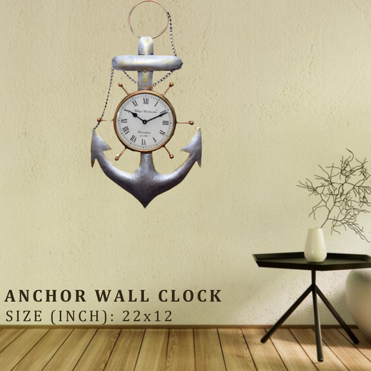 Anchor Wall Clock - 22x12 Inch Metal Nautical Decor