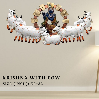 Divine Krishna with Cow - 58x32 Inches Metal Wall Decor