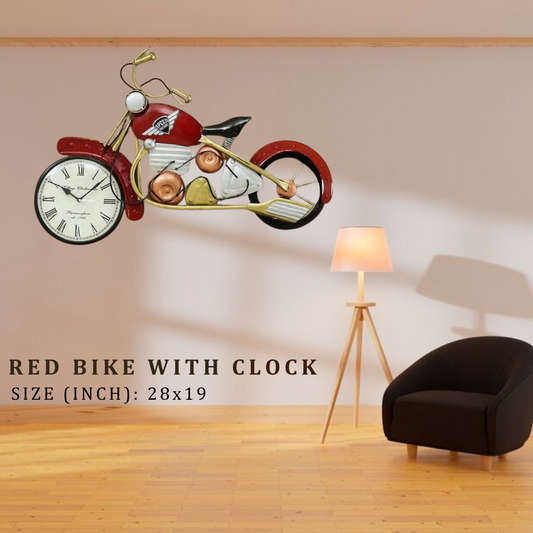 Red Bike with Clock - 28x19 Inch Vintage Wall Art